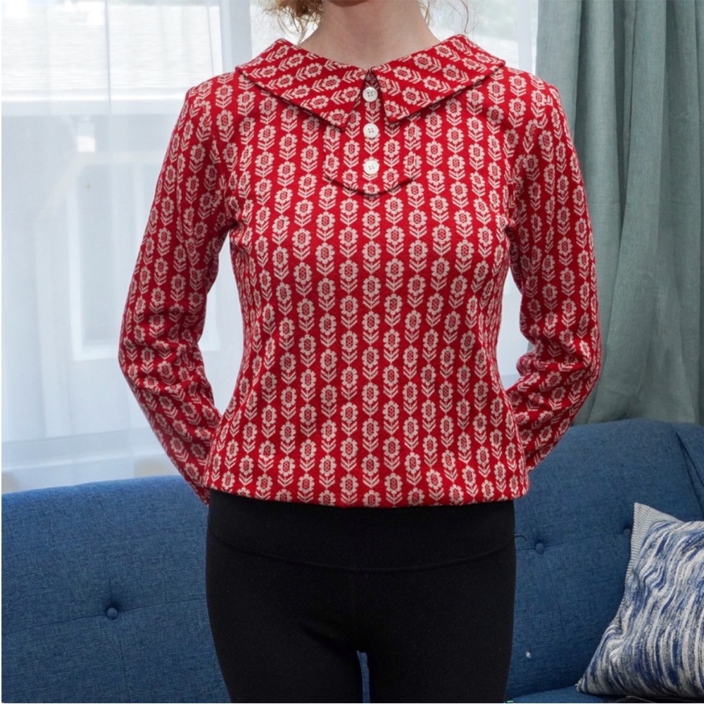 Orla Kiely red / white floral wool sweater button up collar and long sleeves